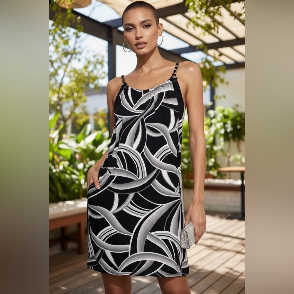 Black & White Geometric Slip Dress with‎ Chain Straps